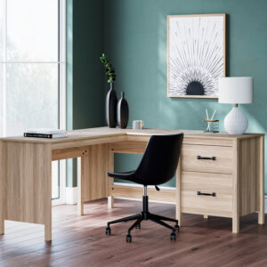Natural wood L-shape office desk with drawers and modern home office setup
