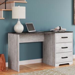 Two-tone gray and white office desk with drawers in modern home office setup