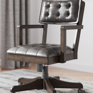 Modern upholstered swivel office chair with tufted back and wood frame