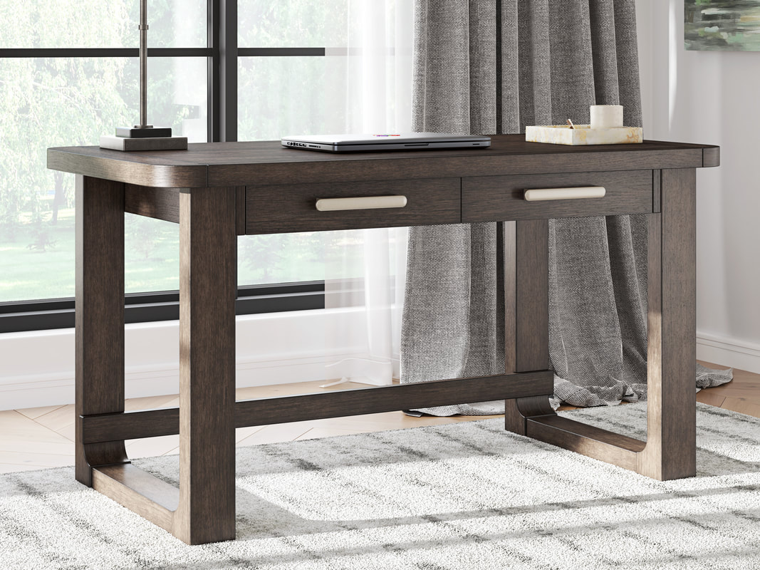 Modern wood writing desk with drawers in a contemporary home office