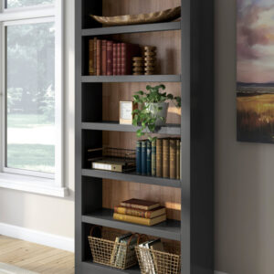Modern black and wood open shelf bookcase with decorative storage