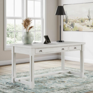 White modern home office desk with two drawers and clean farmhouse design
