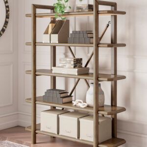 Modern wood open bookcase with rounded frame and multiple display shelves