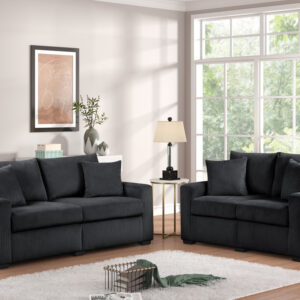 Modern black sofa and loveseat set with soft ribbed fabric and plush contemporary cushions