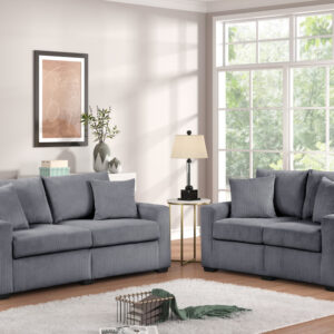 Modern gray sofa and loveseat set with soft ribbed fabric and plush contemporary cushions