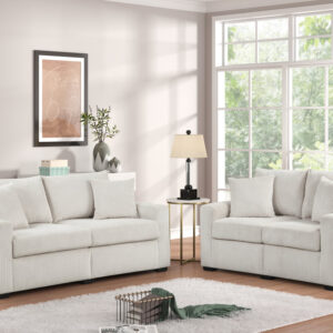Modern beige sofa and loveseat set with soft ribbed fabric and plush contemporary cushions