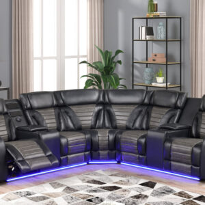 black and gray power reclining sectional with LED lights and power headrests