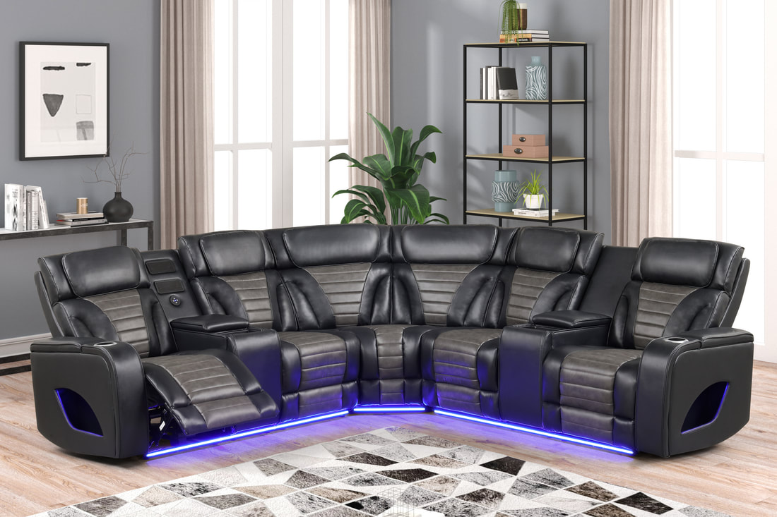 black and gray power reclining sectional with LED lights and power headrests