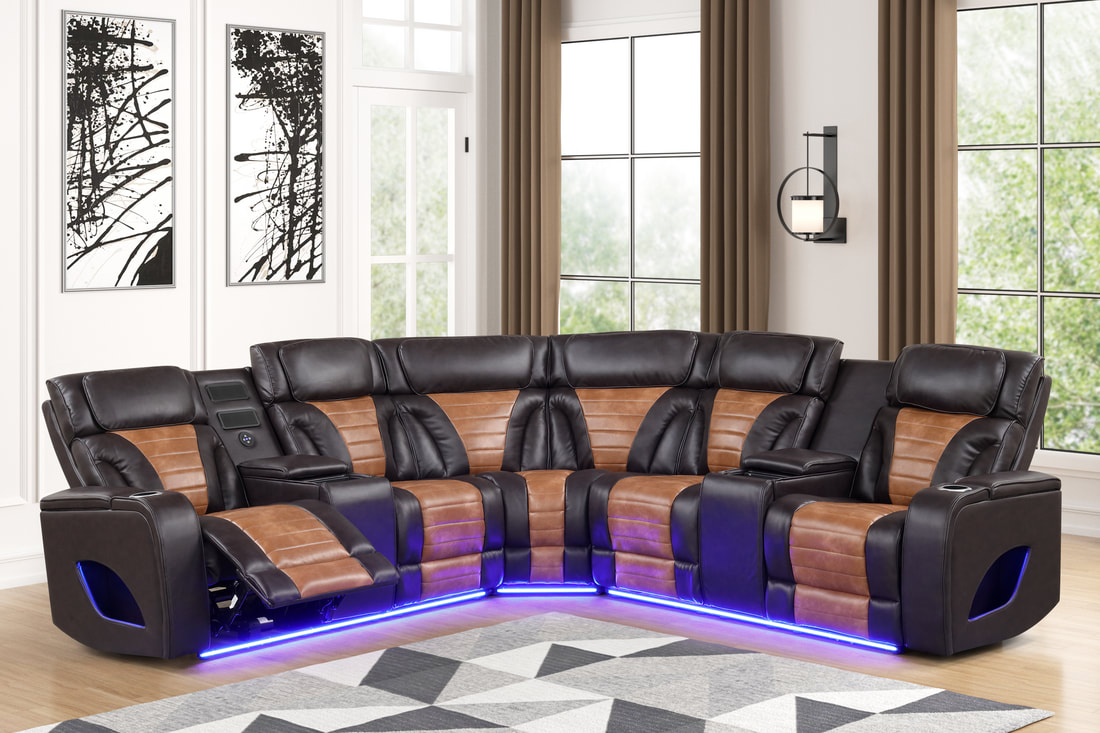 brown power reclining sectional with LED lights and power headrests