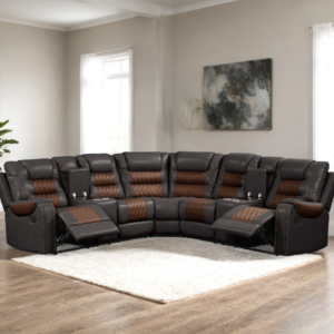 brown and dark gray reclining sectional with cup holders and padded seating