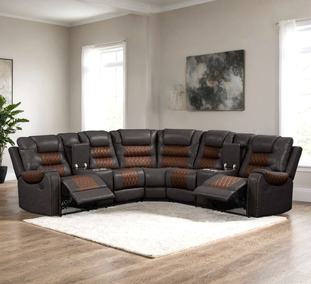 brown and dark gray reclining sectional with cup holders and padded seating