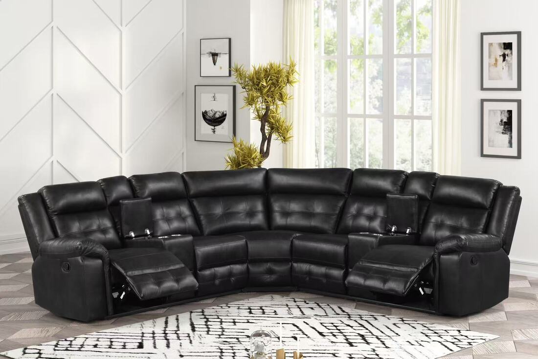 black reclining sectional with cup holders and padded seating modern design
