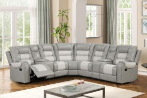 light gray reclining sectional with cup holders and padded seating