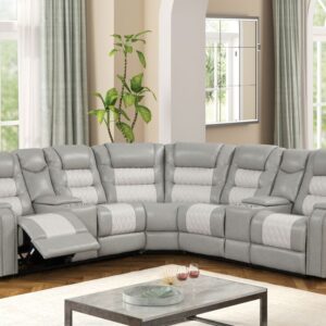 light gray reclining sectional with cup holders and padded seating