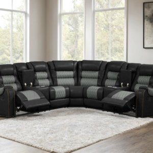 black and gray reclining sectional with cup holders and padded seating