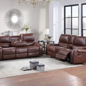 brown leather reclining sofa and loveseat set with nailhead trim in modern living room