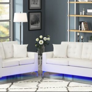 Modern white PU leather sofa and loveseat set with LED lighting and chrome legs