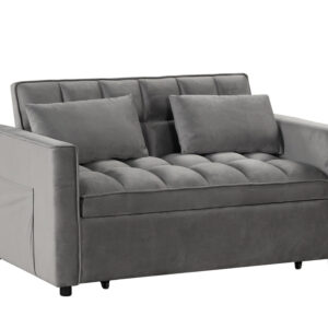 Modern gray tufted sleeper sofa with velvet upholstery and accent pillows