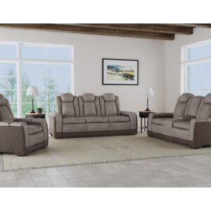 brown and grey reclining sofa and loveseat set with soft fabric in bright living room