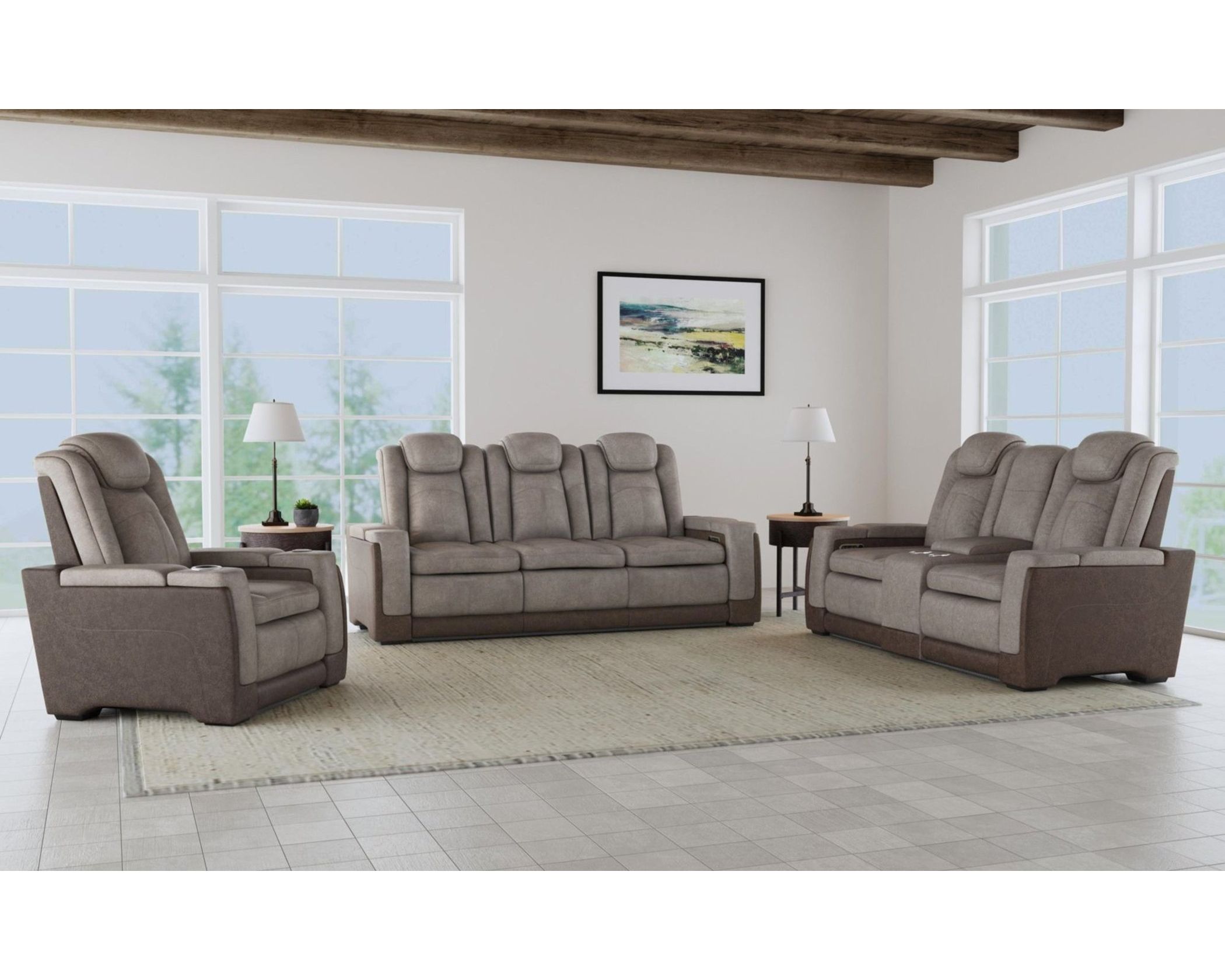 brown and grey reclining sofa and loveseat set with soft fabric in bright living room