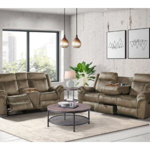 mocha reclining sofa and loveseat set with console and plush cushions in living room