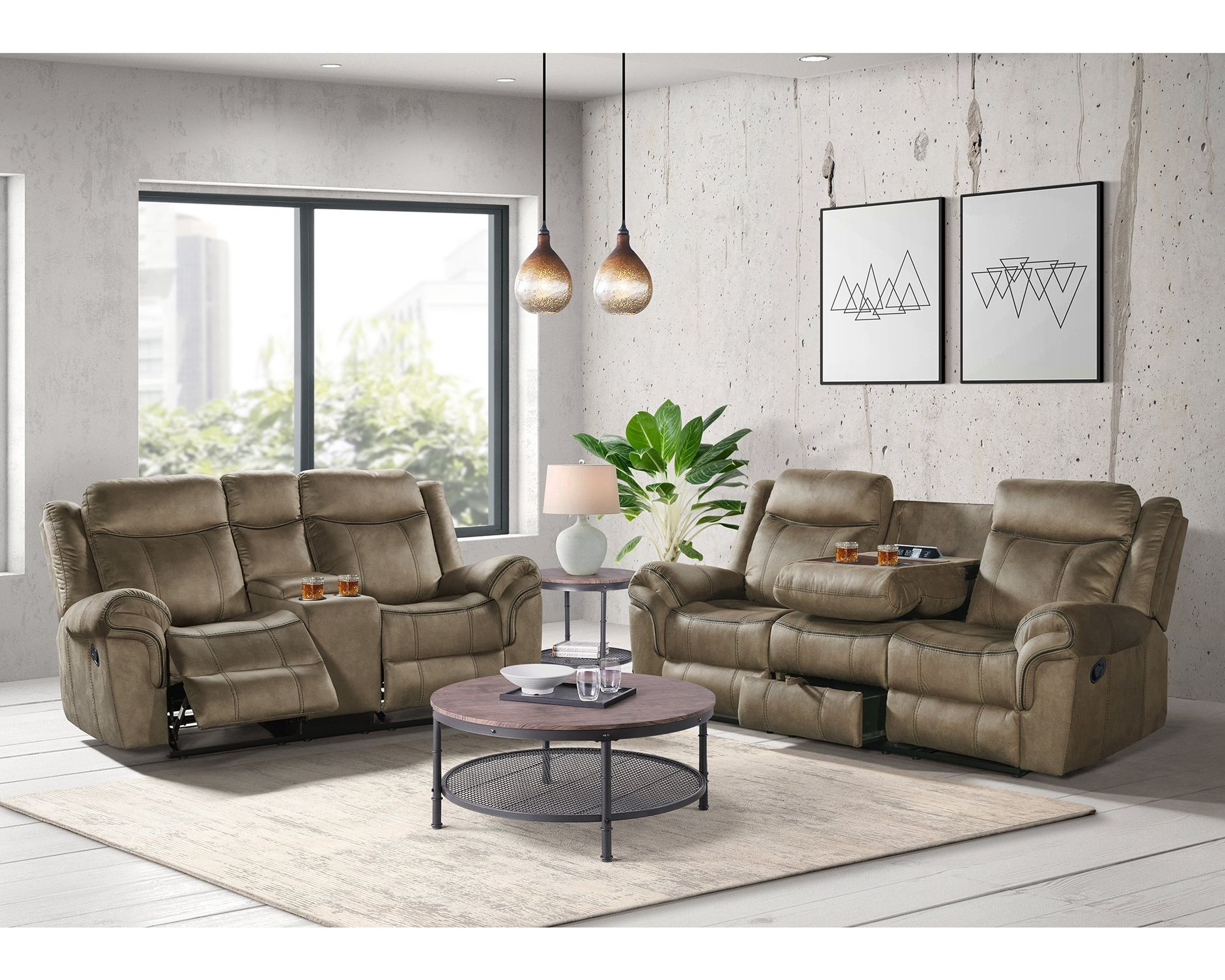 mocha reclining sofa and loveseat set with console and plush cushions in living room