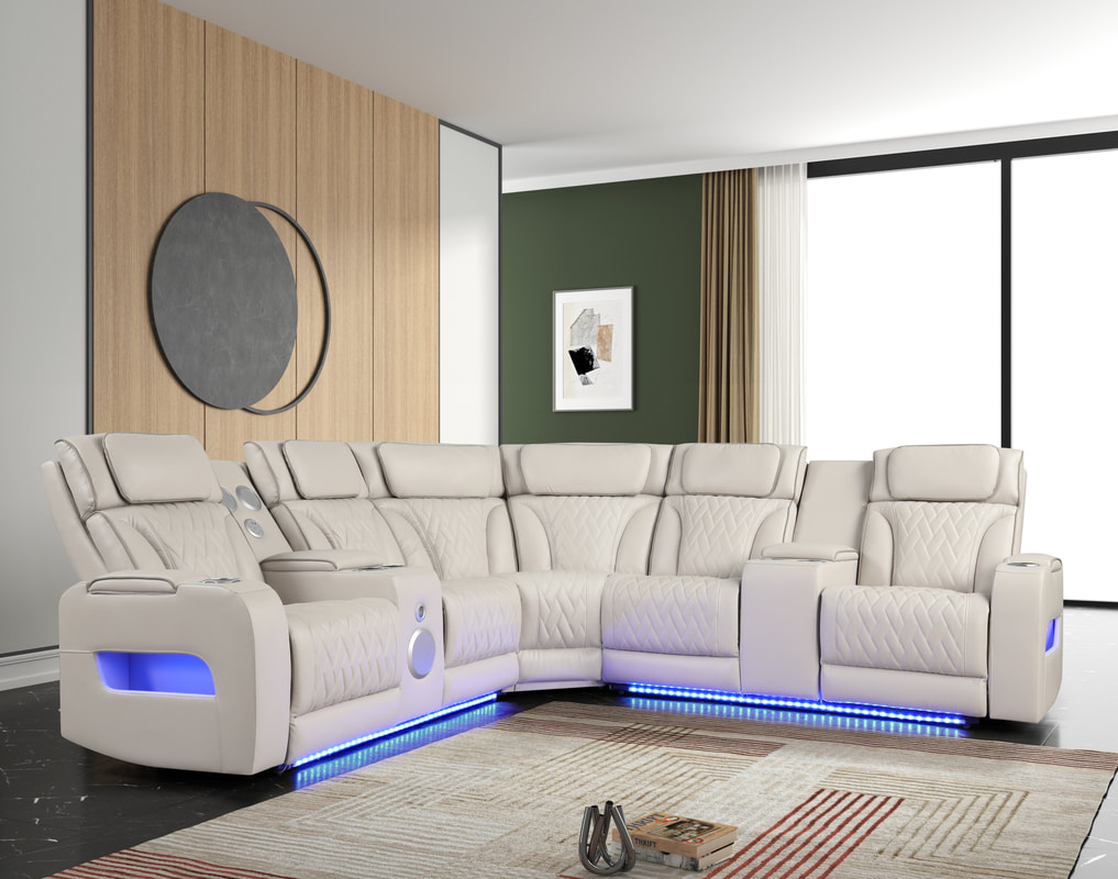 sand color power reclining sectional with LED lights and power headrests