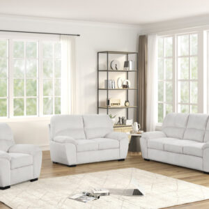 Modern stone fabric living room set with plush seating including sofa, loveseat, and chair