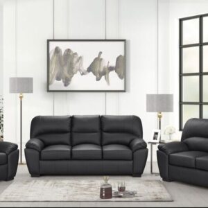 Modern black faux leather living room set with plush cushions including sofa, loveseat, and chair