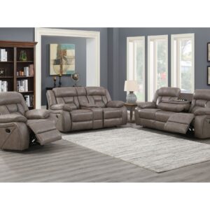 taupe reclining sofa set with plush cushions including sofa, loveseat, and recliner in living room