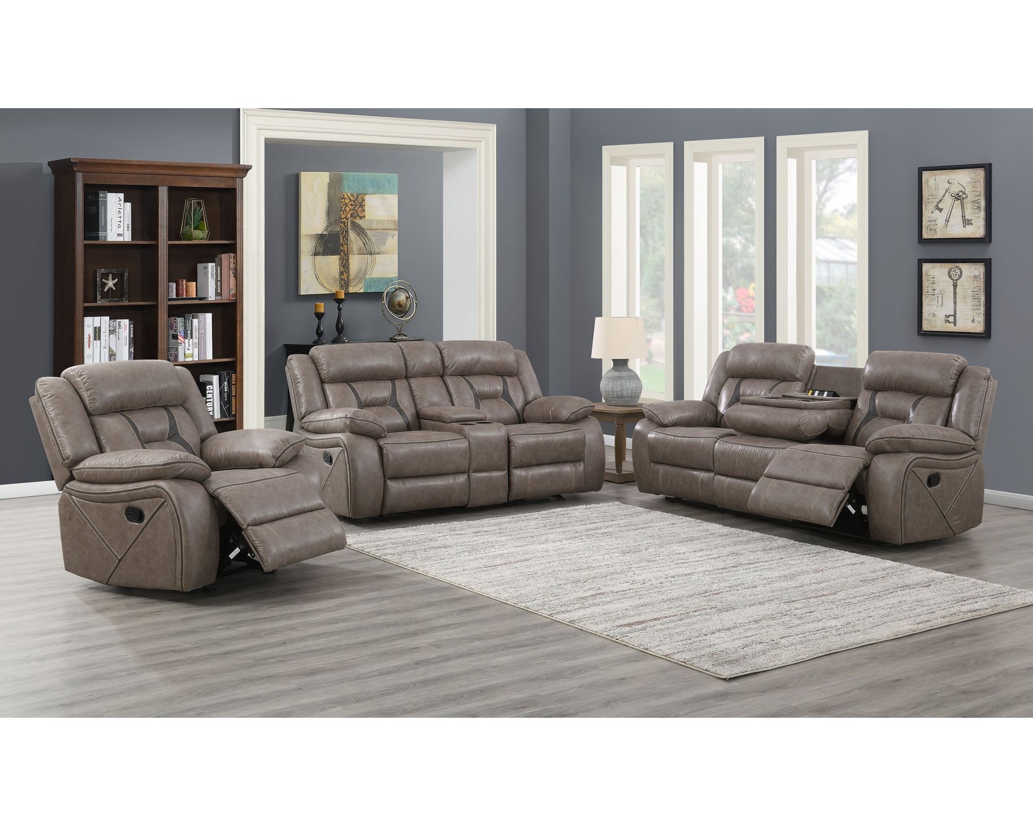 taupe reclining sofa set with plush cushions including sofa, loveseat, and recliner in living room