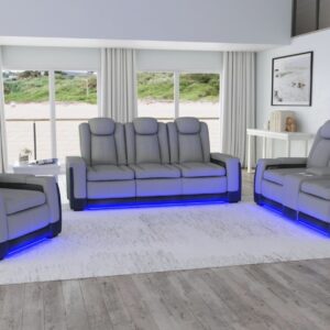 charcoal reclining sofa set with LED lights, including sofa, loveseat, and recliner in modern living room