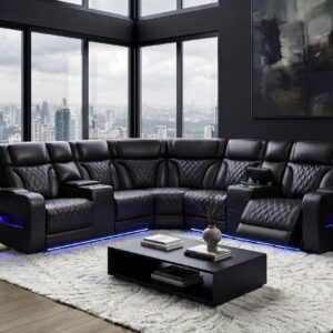 black leather sectional with LED lights, reclining seats, and console in modern living room