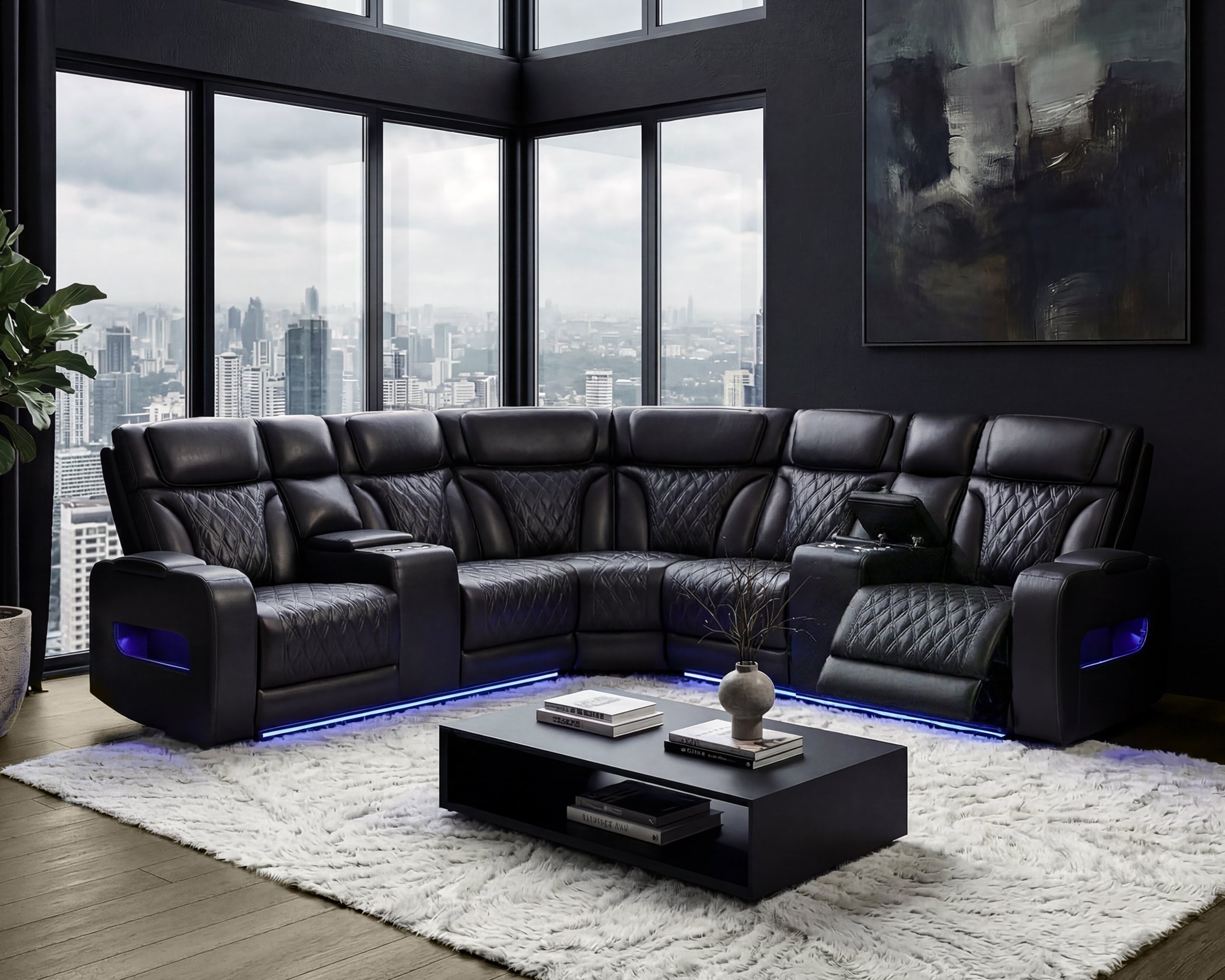black leather sectional with LED lights, reclining seats, and console in modern living room