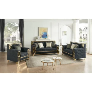 Black velvet living room set with gold trim featuring sofa, loveseat, and chair in a modern luxury design